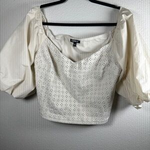 Cream Square Neck, Eyelet Puffy Sleeve .  Body of garment 94% Cotton, 6% Spandex